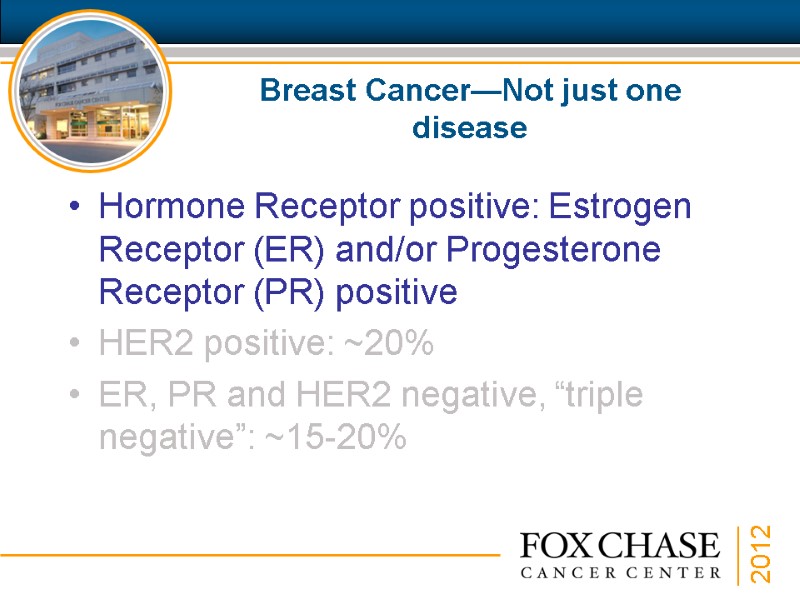 Breast Cancer—Not just one disease Hormone Receptor positive: Estrogen Receptor (ER) and/or Progesterone Receptor